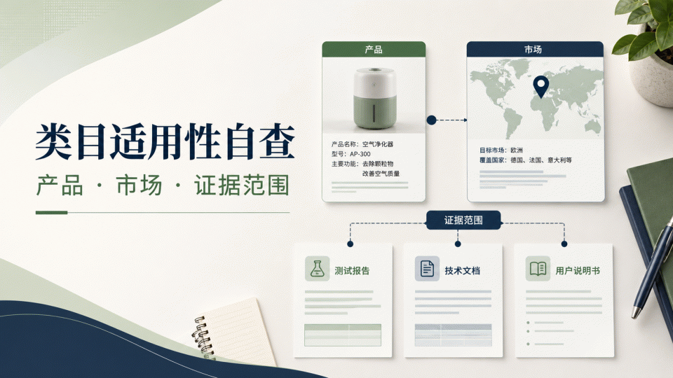 类目适用性自查：把产品、市场与证据范围对齐