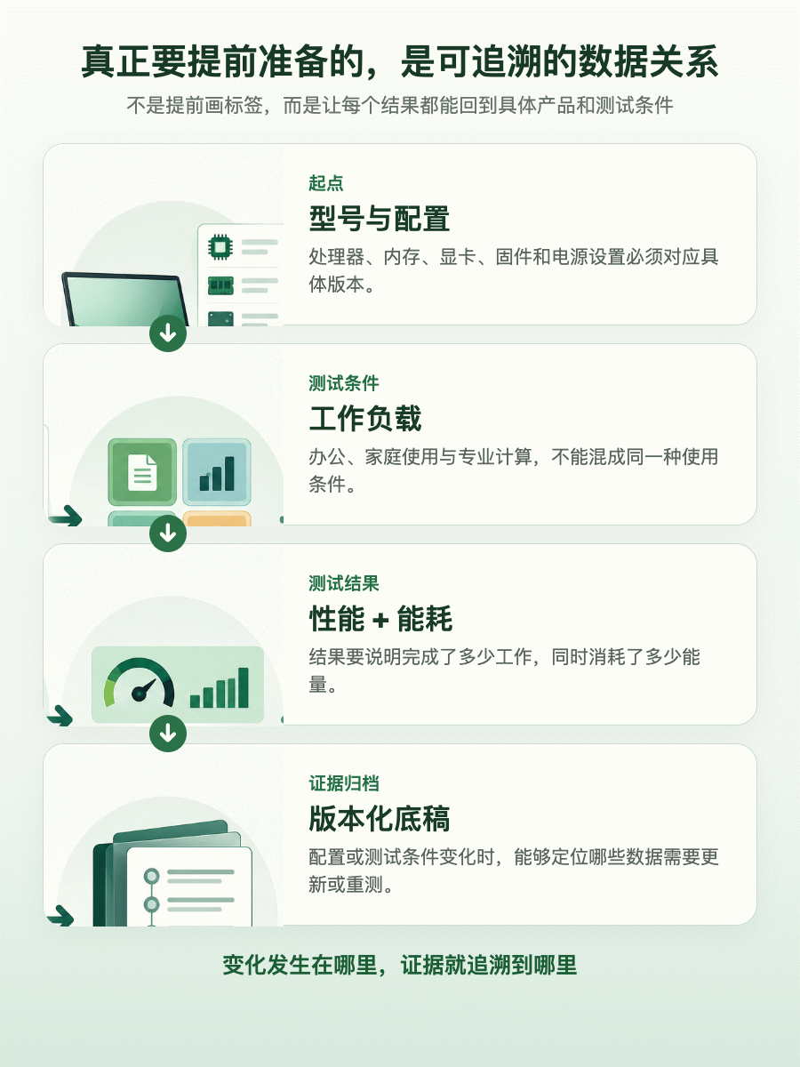 图解:型号与配置、工作负载、性能和能耗结果、版本化底稿形成可追溯的数据关系