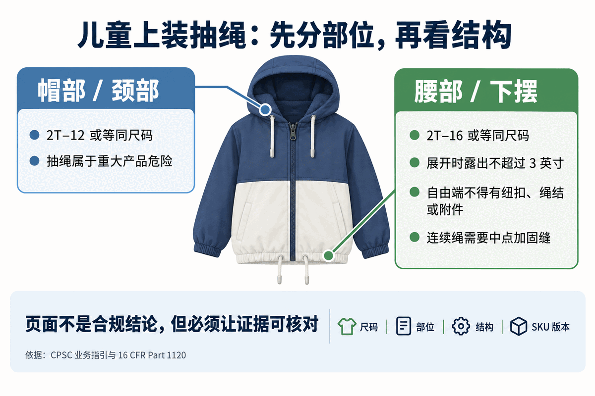 儿童上装抽绳部位与结构边界：帽部颈部与腰部下摆适用不同条件