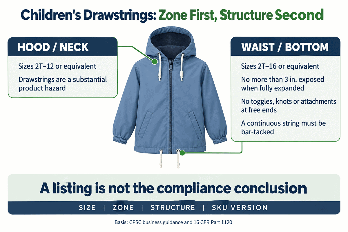 Children's upper-outerwear drawstring zones and construction conditions