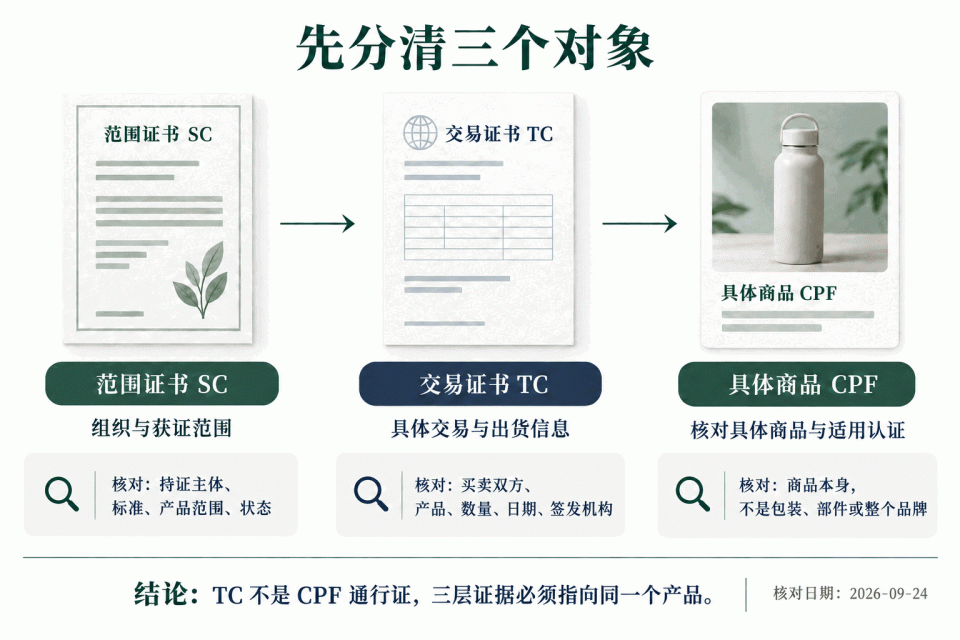 SC、TC与具体商品的三层证据链：范围证书说明组织与获证范围，交易证书说明具体交易与出货，CPF核对具体商品与适用认证