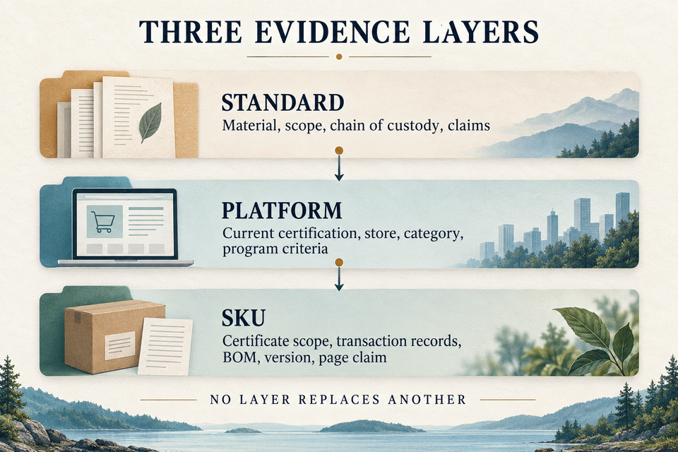 Three evidence layers for certification selection: standard, platform, and SKU