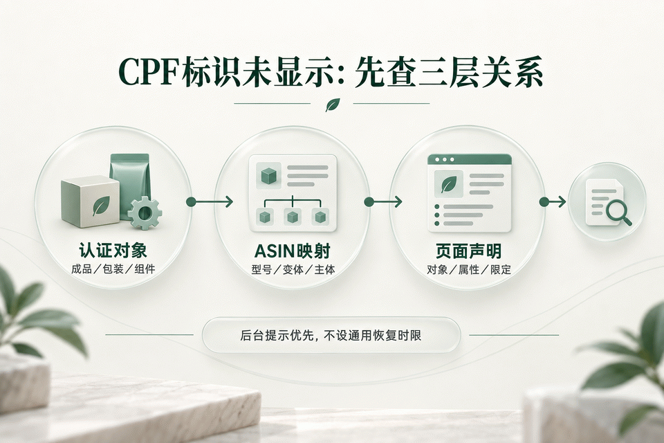 CPF标识未显示时核对认证对象、ASIN映射和页面声明三层关系