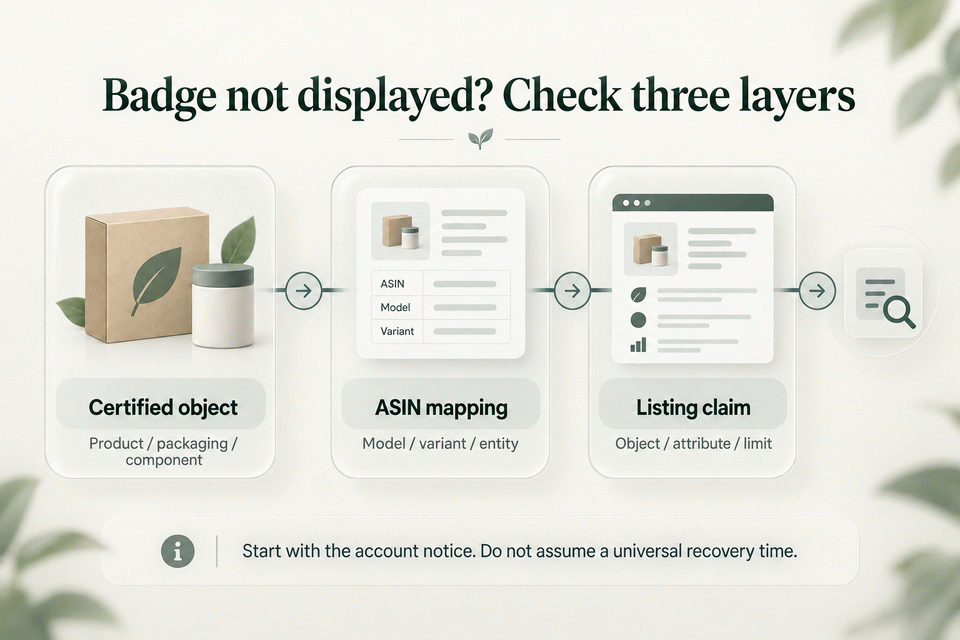 Three-layer review of certified object, ASIN mapping, and listing claim when a CPF badge is not displayed