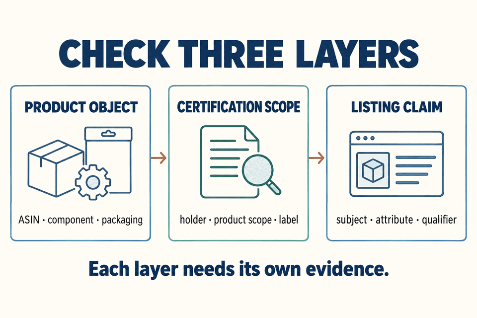 Three separate evidence layers: product object, certification scope, and listing claim