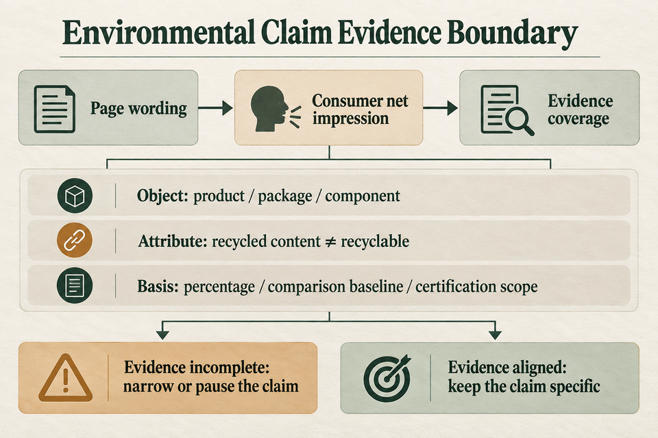 Environmental claim evidence boundary: page wording, consumer net impression, and evidence coverage