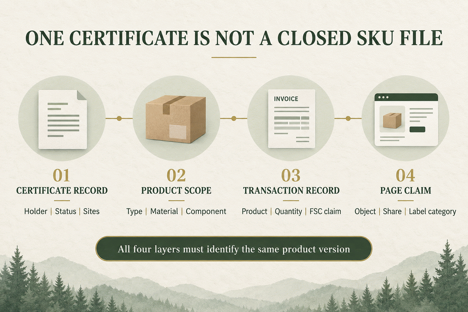 Four evidence layers linking an FSC certificate record to a product-page claim