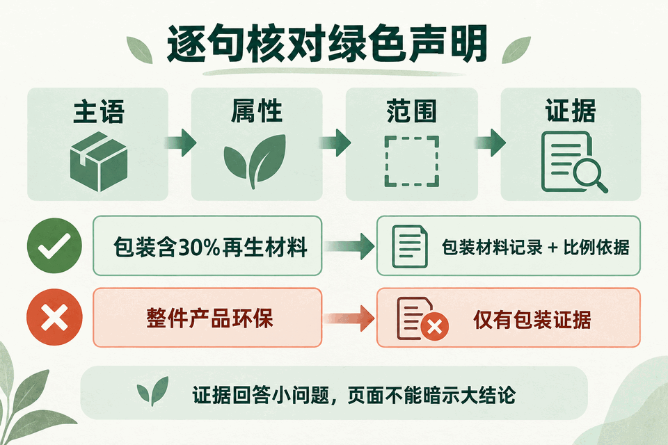 逐句核对绿色声明：主语、属性、范围和证据必须对应