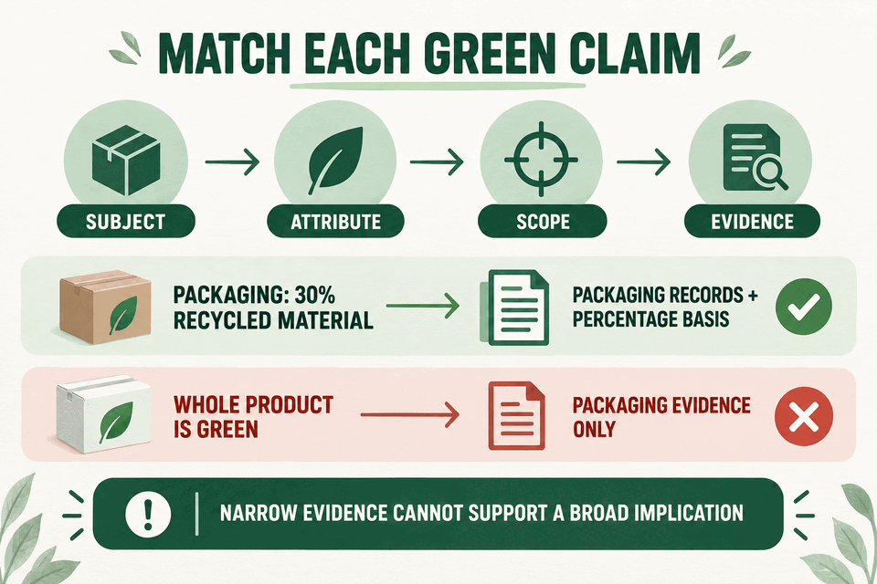 Match each green claim to its subject, attribute, scope, and evidence