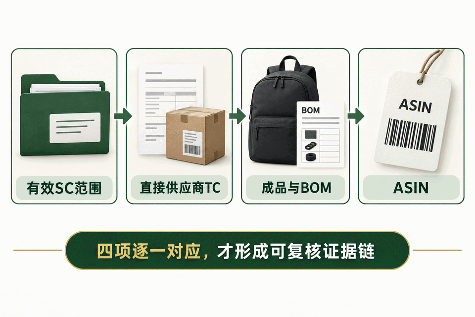 有效SC范围、直接供应商TC、成品与BOM、ASIN四项对应图