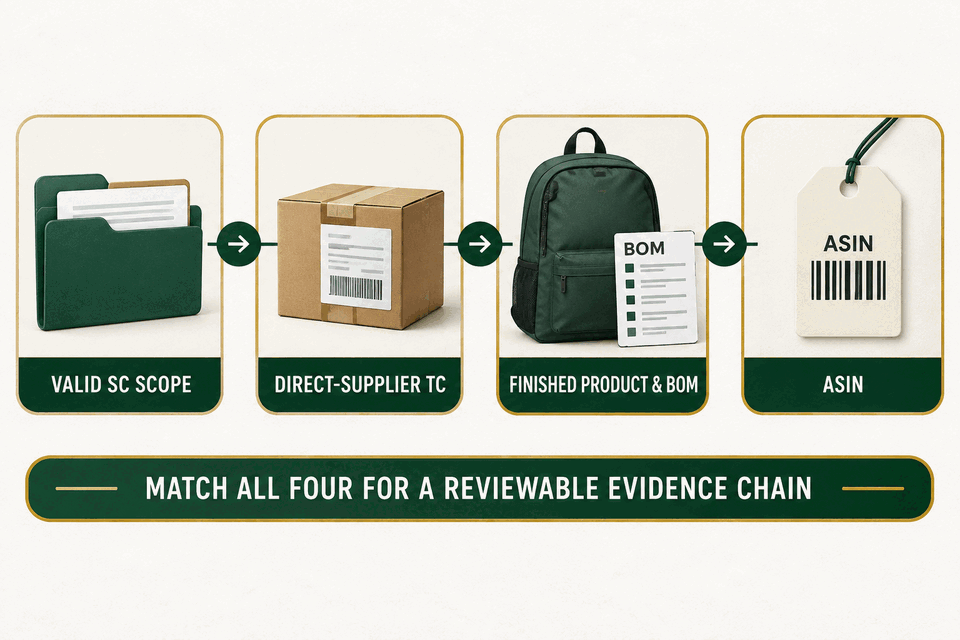 Four-way evidence match between valid SC scope, direct-supplier TC, finished product and BOM, and ASIN