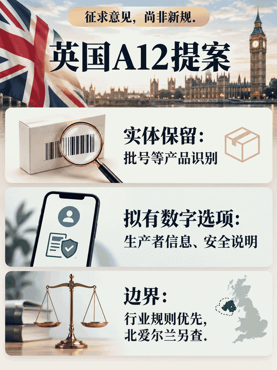 英国 A12 提案将产品识别、生产者信息和安全警示分别处理，并受行业规则与销售市场限制