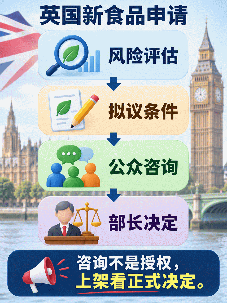 英国 FSA 新食品申请从风险评估、拟议条件、公众咨询到部长决定的阶段关系