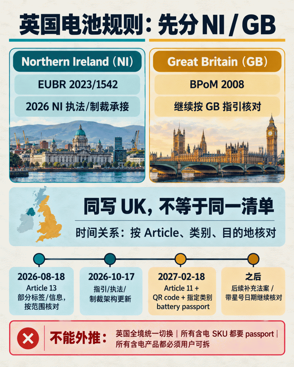英国电池规则的 NI/GB 法域分流与 2026—2027 日期关系:NI 走 EUBR,GB 继续以 BPoM 2008 为投放市场基础框架;2027-02-18 的 QR code 与 battery passport 需按指定类别核对