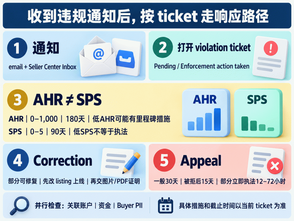 TikTok Shop 美国站 AHR 处分与申诉路径:违规通知、AHR 里程碑、关联账户与 Correction/Appeal 窗口
