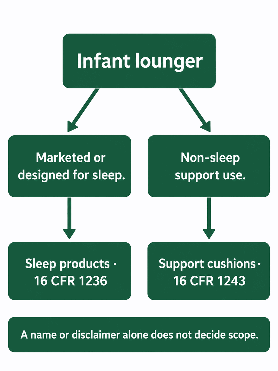 Infant lounger scope review: sleep products and non-sleep support cushions require separate rule checks