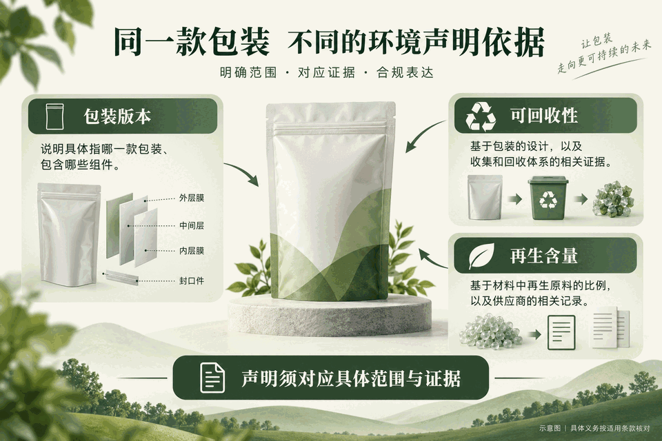 同一包装版本下可回收性与再生含量的证据范围示意