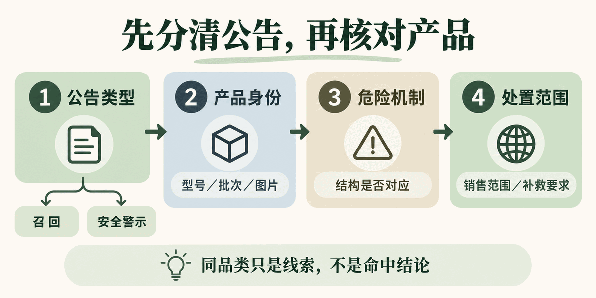 召回与安全警示核对路径：公告类型、产品身份、危险机制、处置范围